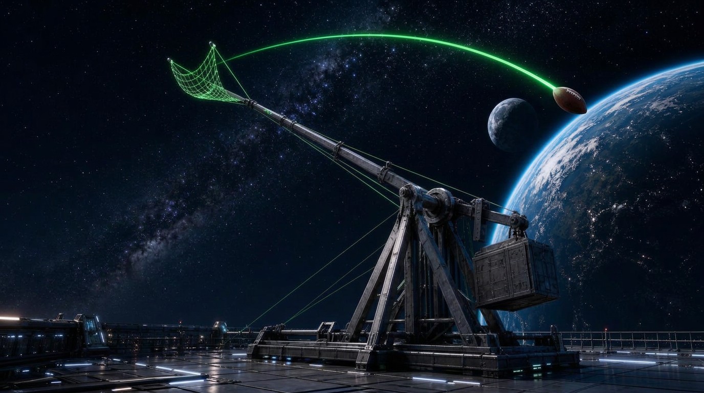 A steel-framed laser trebuchet on a spaceship deck with its counterweight facing the planet, slinging an NFL football from a glowing green spider-web sling pouch in a rightward arc into space